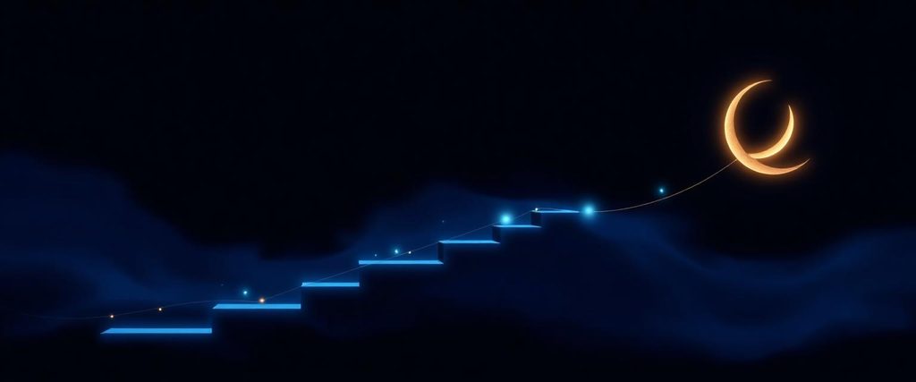 Ascending lit steps toward a crescent moon representing the Course module
