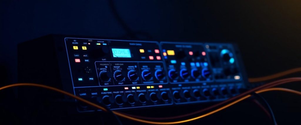 Backlit synthesizer rack and patch cables representing the Plugins module